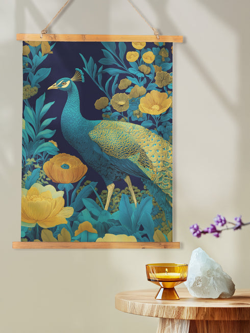 Vintage peacock botanical wall tapestry featuring majestic teal peacock with golden plumage amid lush emerald foliage and golden poppy flowers on dark charcoal background. Decorative wall hanging with wooden frame and twine hanger, perfect for boho, cottagecore, or dark academia home decor. Rich jewel tones create mystical woodland garden atmosphere in this nature-inspired art piece.